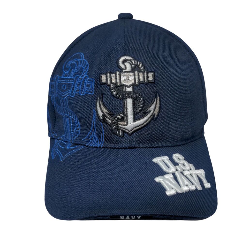 US Navy Anchor Strapback Hat Blue One Size Adjustable Embroidered